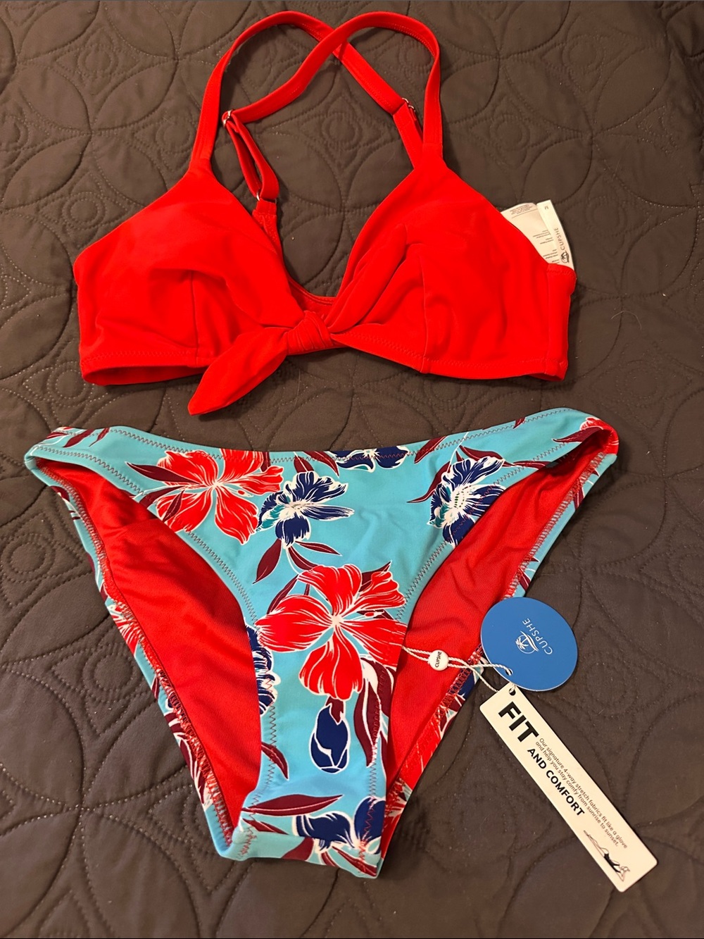 Cupshe Red Bikini Top with Floral Blue & Red Bottoms